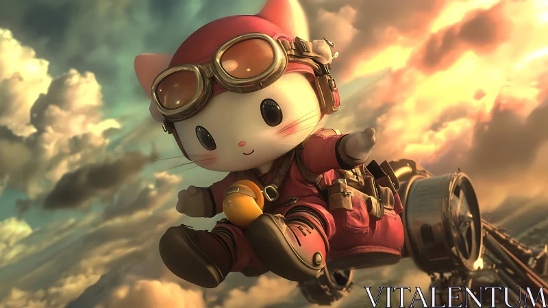 Skybound kitty pilot drifts through molten sunset clouds