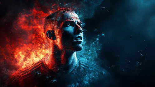 Digitally rendered male portrait divides fire and smoke tones