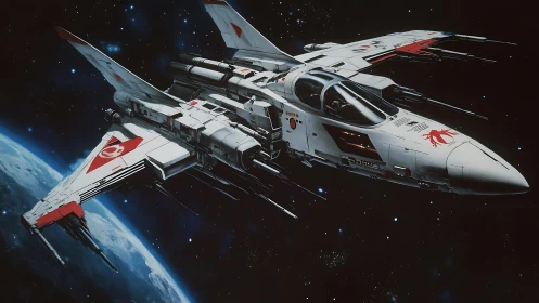Starfighter interceptor with red insignia in low Earth orbit.