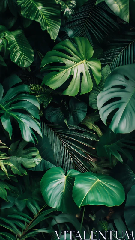 Lush green tropical foliage with layered jungle leaves.