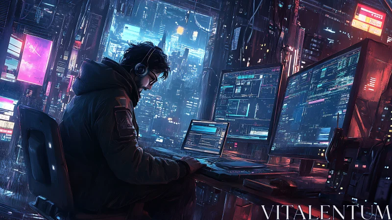 Solitary cyberpunk operator at multi-monitor hacking workstation