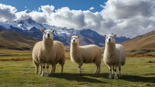 Four woolly sheep stand in a high-altitude mountain grassland