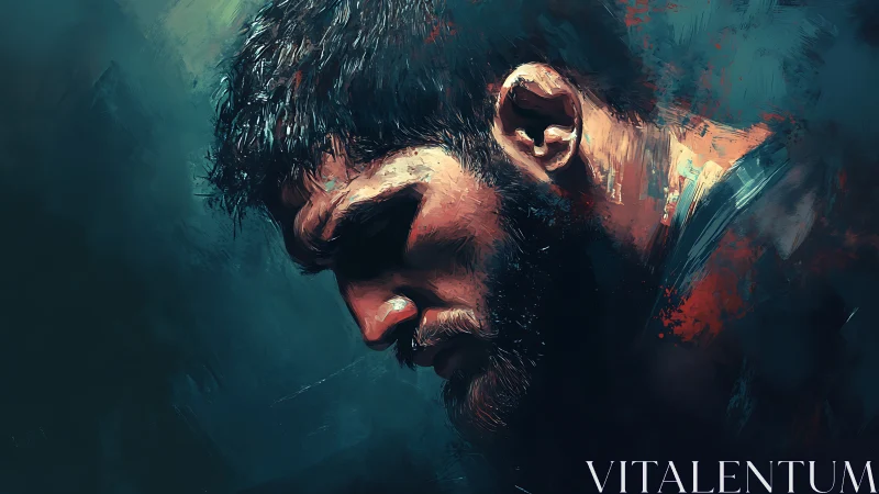 Brooding warrior bowed in dusk-blue storm of brushstrokes.