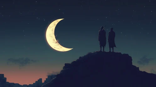 Two silhouettes observe giant crescent moon over rocky landscape.