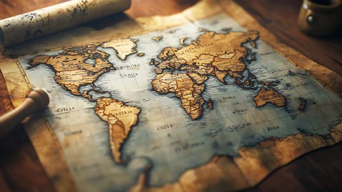 Photorealistic vintage world map on rustic wooden desk.