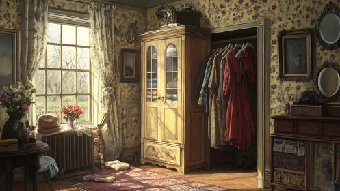 Sunlit vintage bedroom glows around an open wardrobe.