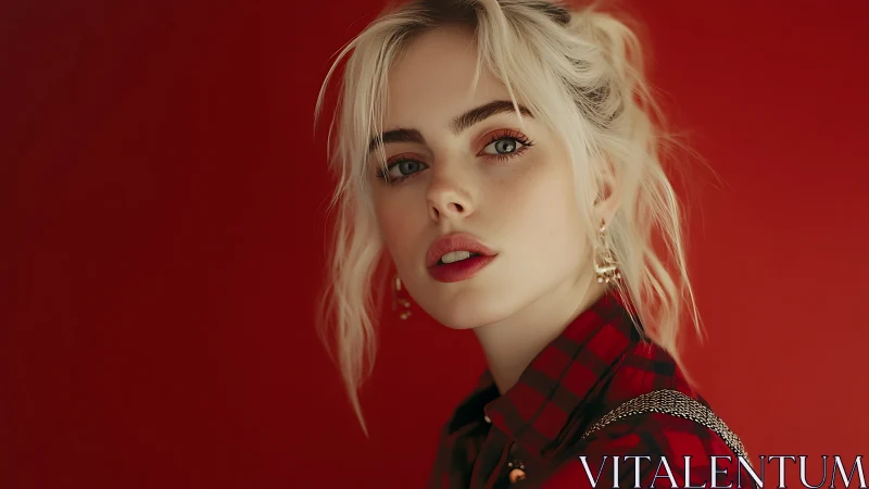 Striking blonde portrait against bold red studio backdrop.