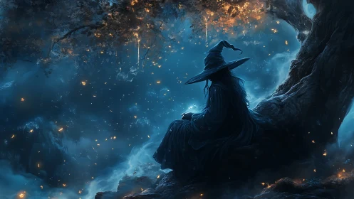 Solitary witch under luminous autumn canopy at twilight.