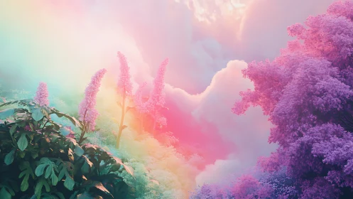 Dreamlit pastel forest where cotton-candy clouds bloom.