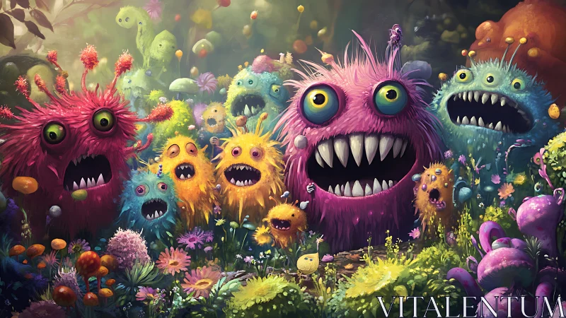 Colorful furry monsters crowd vibrant fantasy garden