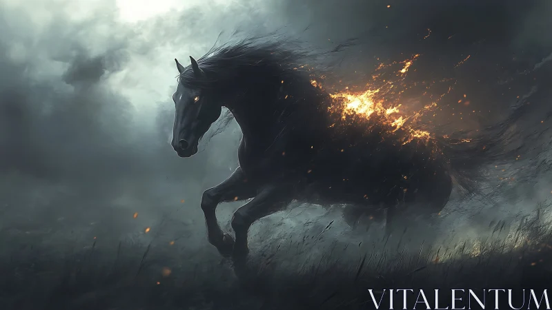Fire-maned black horse charges through stormy night field