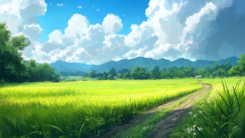 Sunny green field under large clouds and distant mountains.