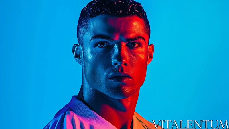 Bold portrait glowing in vivid blue and red light.