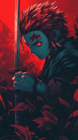 Demonic swordsman grips katana amid crimson foliage storm.