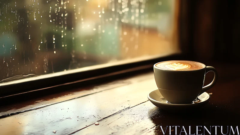 Latte daydreams glow beside a rain-kissed windowpane.