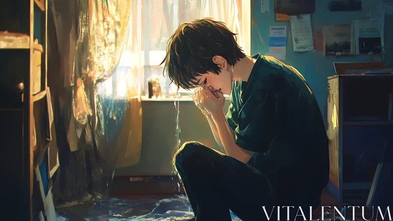 Backlit adolescent kneels in flooded room under cascading water