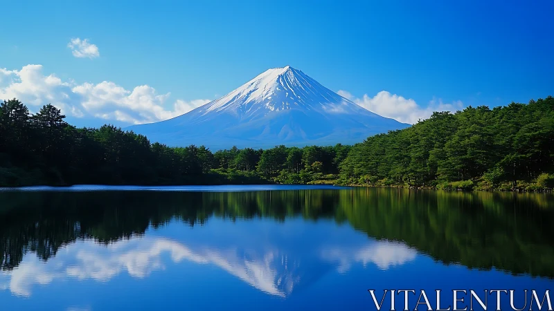 Snowcapped mountain mirrored in calm forest lake at dawn.