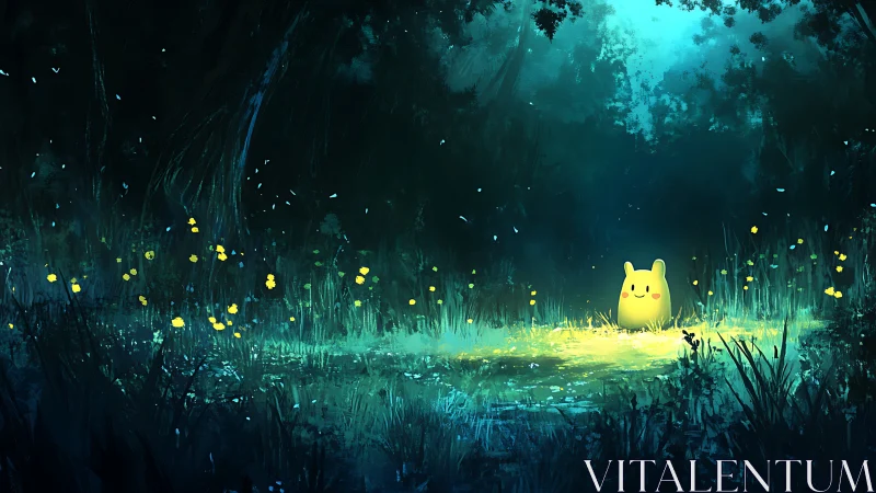 Glowing creature illuminates a mystical forest clearing at night.