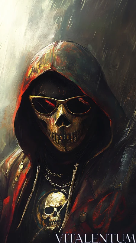 Hooded skull figure in red jacket with dark sunglasses.