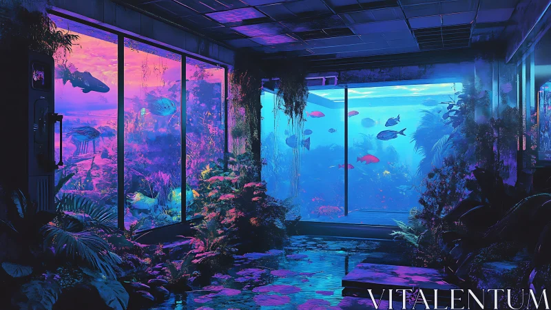 Interior observation room with neon aquatic landscapes.