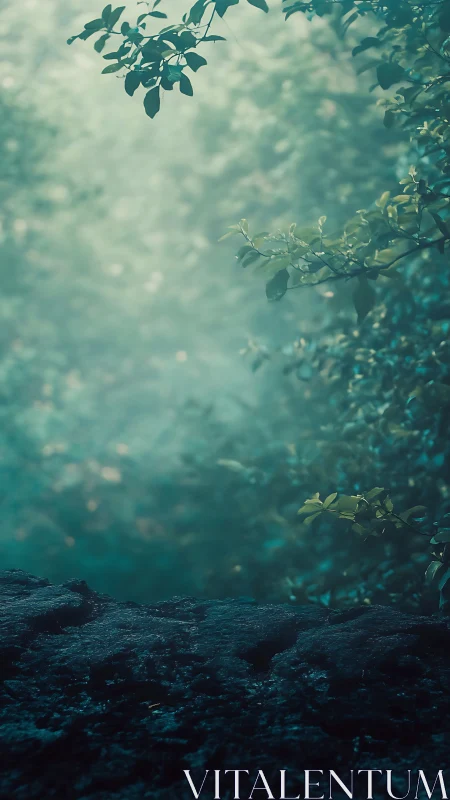 Misty Forest Scene With Verdant Foliage And Stone.