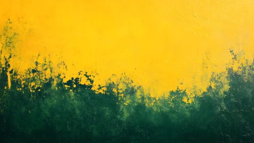 Abstract yellow and green textured painting with bold contrast.