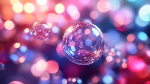 Transparent soap bubbles against defocused colored lights.