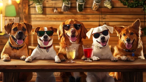Photorealistic canine bar scene with symmetrical lineup.