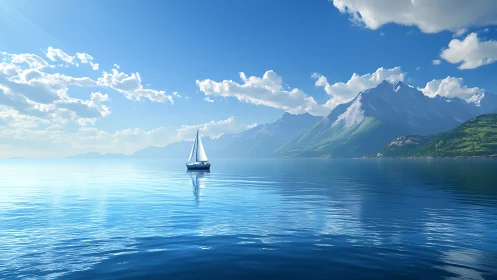 Solitary white sail drifts through mirrored blue mountain silence