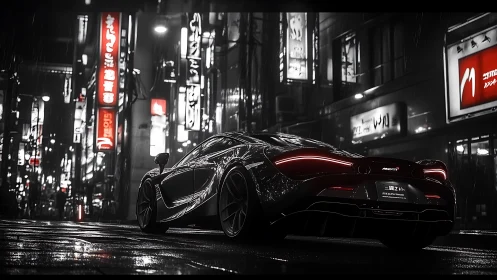 Supercar under neon rain in noir urban nightscape.