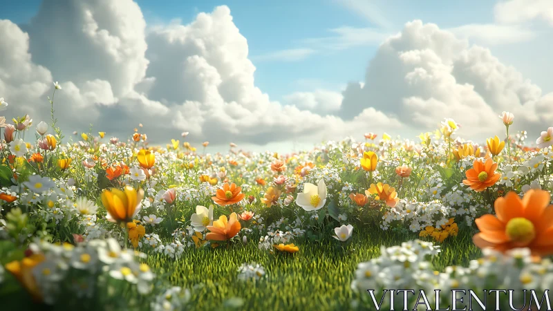 Wildflower Meadow Under Cloudy Sky