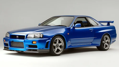 Blue Nissan Skyline GT-R R34 coupe on neutral studio background.