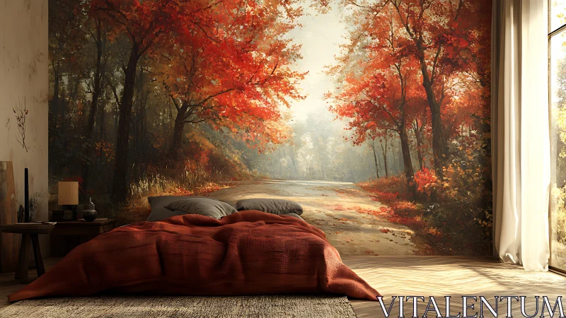 Bedroom interior with autumn forest wall mural and sunlight.