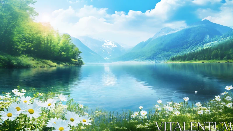 Mountain lake unfolds under clear sky and summer light.