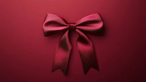 Red satin ribbon bow centered on smooth burgundy background
