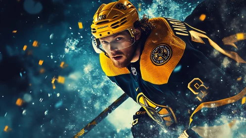 Blazing hockey comet carves golden arcs through frozen storm