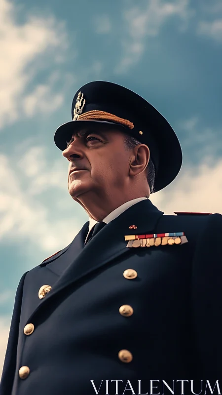 Naval officer portrait under dramatic morning sky.