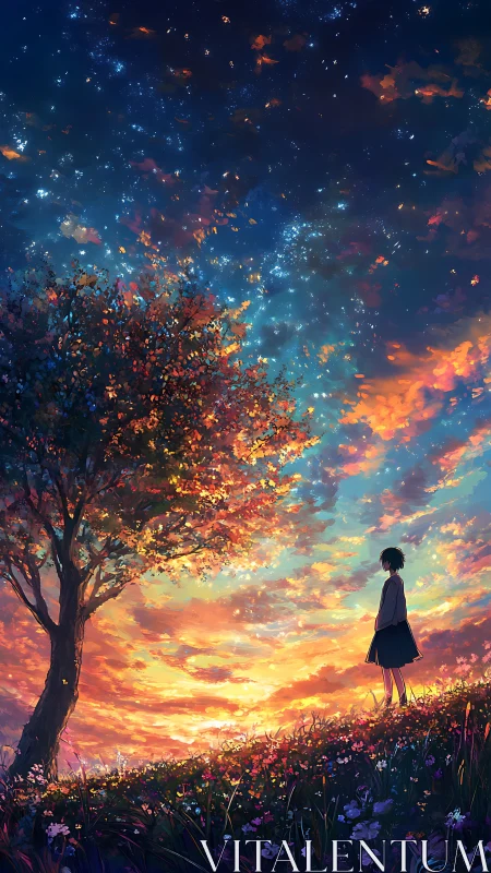 Twilight hillside silhouette under radiant star-filled sky.