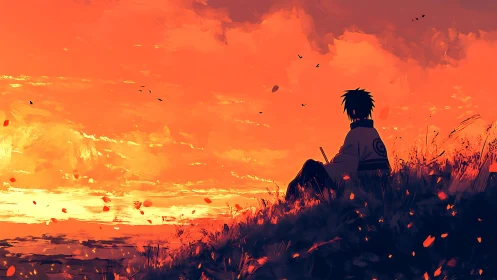 Silhouetted figure sits on hillside watching intense sunset