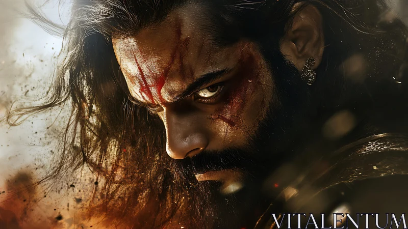 Warrior close-up with battle scars and burning grit gaze.