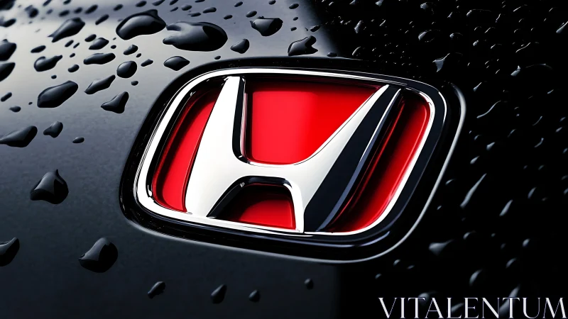 Car emblem on red background shows chrome detail and droplets