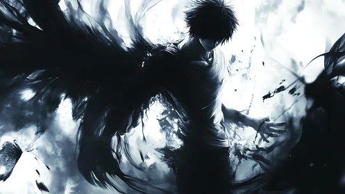 Shadowborn angel erupts in ink-black wings and stormlight.