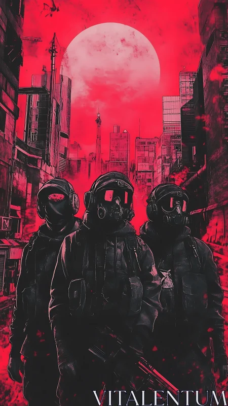 Three tactical figures stand in red urban environment