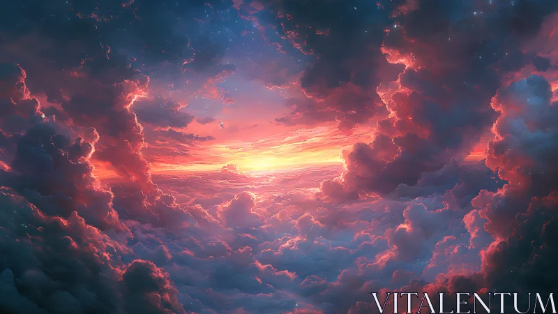 Vibrant sunset sky above dense glowing cloudscape.