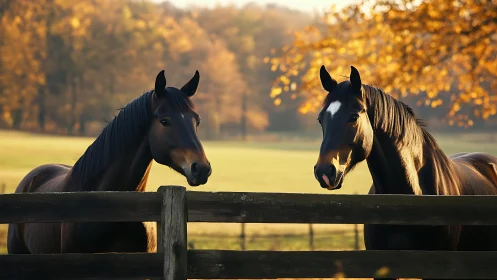 Sunlit pasture gossip drifts between two glossy horses