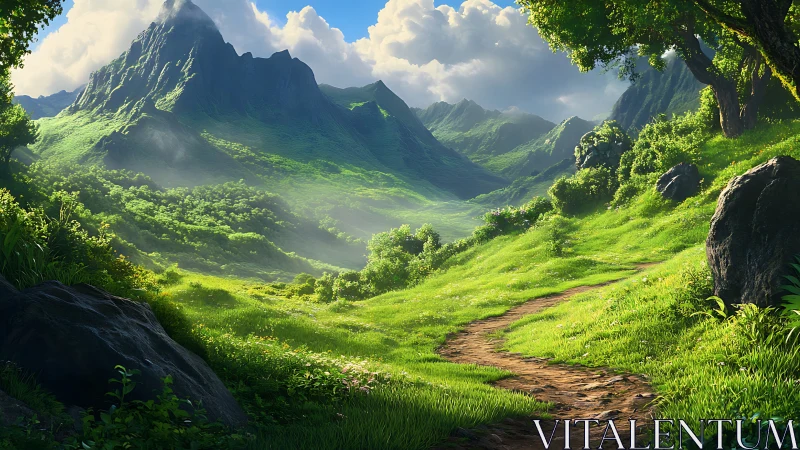 Sunlit mountain valley with winding dirt path in foreground.