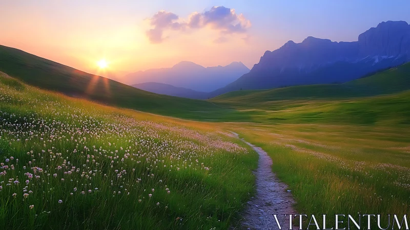 Sunlit alpine meadow path with distant blue mountain ridge