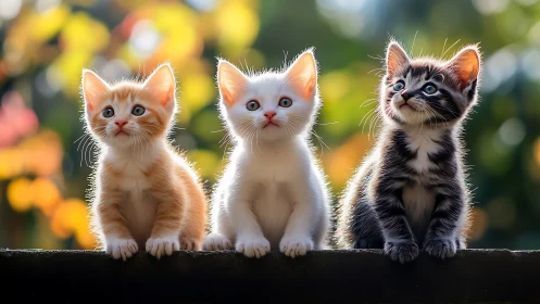 Three Curious Kittens in the Garden Light.