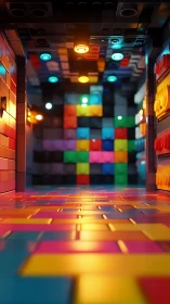 Colorful plastic brick hallway under warm and cool lights