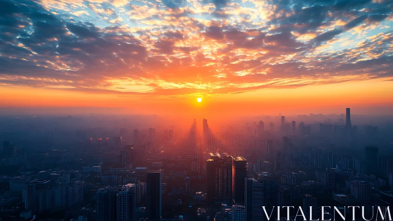 Photorealistic sunrise over dense high-rise megacity gridscape.